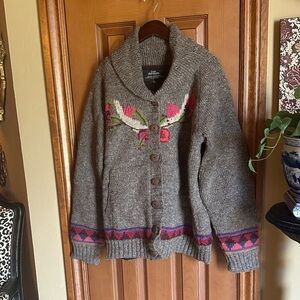 NWT Women’s Brown Cardigan/Coat Sweater with Colorful Details, size Large